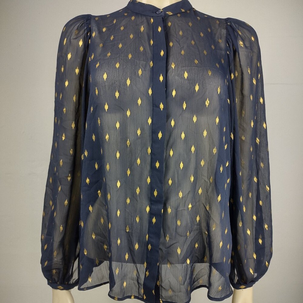 Vilagallo dark blue navy gold sheer see through button front shirt blouse sz 44